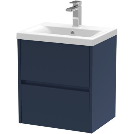 Square Wall Hung 2 Drawer Vanity Unit & Ceramic Basin, 500mm - Midnight Blue