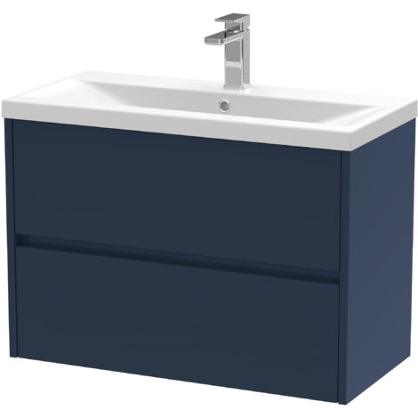 Square Wall Hung 2 Drawer Vanity Unit & Ceramic Basin, 800mm - Midnight Blue
