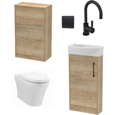 Winshill Cloakroom Suite - Right Hand 440mm Vanity, WC Unit, Toilet and Tap - Oak/Black (1/5)