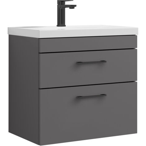 Millwich 2 Drawer Wall Hung Vanity Basin Unit - 600mm - Gloss Grey with Square Black D-shaped handles (Tap Not Included) - Balterley