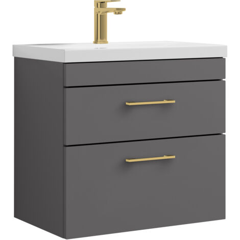 Millwich 2 Drawer Wall Hung Vanity Basin Unit - 600mm - Gloss Grey with Brushed Brass D-shaped handles (Tap Not Included)