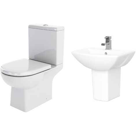 Balterley Stramshall Square Suite: Close-Coupled Toilet w/ Dual-Flush Cistern, Soft-Close Seat & 500mm 1 Tap Hole Basin, Semi Pedestal