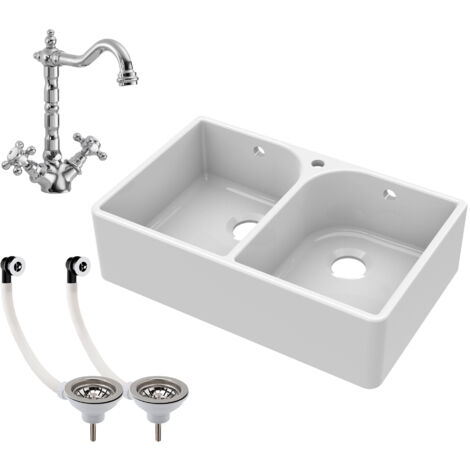 Fireclay Double Bowl Butler Kitchen Sink - 795mm with Tap Hole, Weir & Waste - Ceramic Belfast Style Kitchen Sink