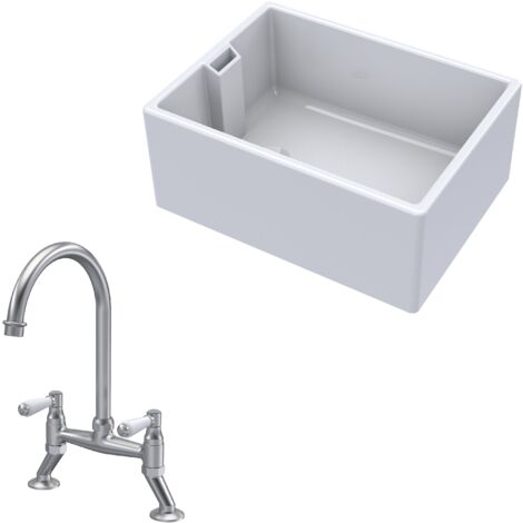 Fireclay Kitchen Bundle - 1 Bowl Belfast Sink & Bridge Lever Mixer Tap, 615mm - Brushed Nickel