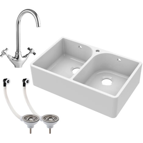Fireclay Double Bowl Belfast Sink with Tap Hole & Full Weir, Basket Strainer Waste & Mono Kitchen Sink Mixer Tap