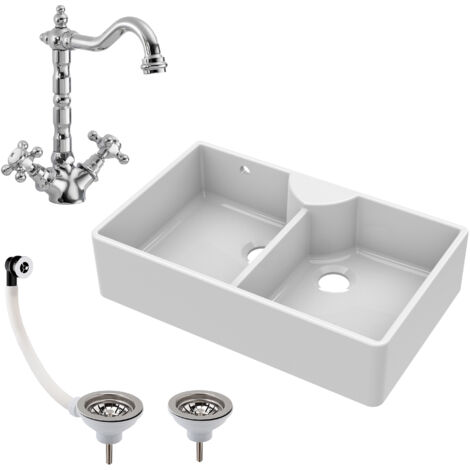 Fireclay 895mm Double Bowl Butler Kitchen Sink - Stepped Weir, Classic Tap & Wastes, Traditional Ceramic Belfast Style