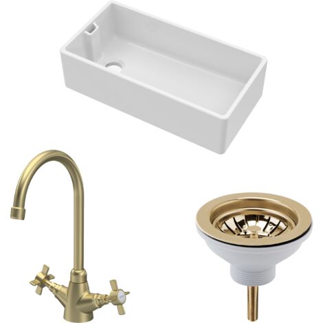 Fireclay Kitchen Bundle 1 Bowl Belfast Sink with Strainer Waste & Mono Crosshead Handle Tap, 895mm Brushed Brass