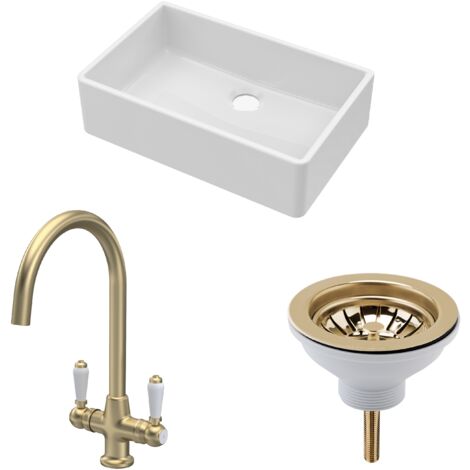 Fireclay Kitchen Bundle - 1 Bowl Butler Sink, Waste & Mono Lever Handle Tap - 795mm - Brushed Brass