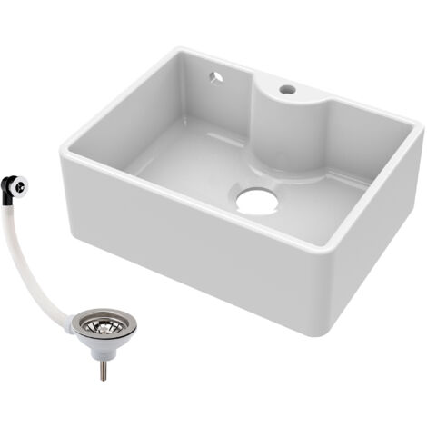 595mm - 1 Bowl Fireclay Butler Kitchen Sink - Tap Ledge, Hole, Overflow & Waste