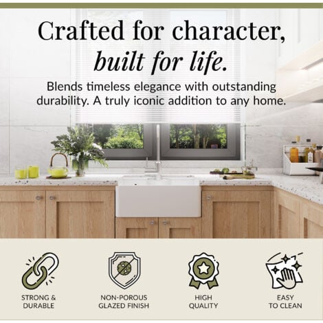 595mm - 1 Bowl Fireclay Butler Kitchen Sink - Tap Ledge, Hole, Overflow & Waste