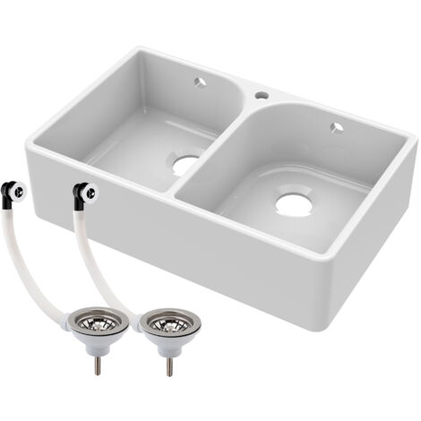 Double Bowl Fireclay Ceramic Butler Kitchen Sink with Full Weir, Overflows & Wastes