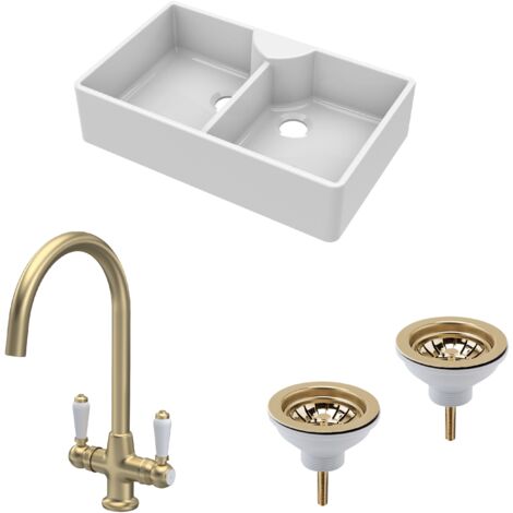 Fireclay Kitchen Sink Bundle - 895mm Double Bowl Butler with 2 Wastes & Mono Lever Tap - Brushed Brass Style (1/5)