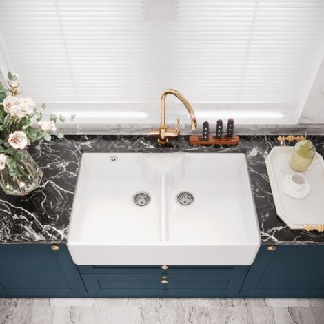 895mm - Two Bowl Fireclay Butler Kitchen Sink -  Stepped Weir, Overflow, ledge & Wastes