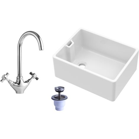 Fireclay 595mm 1 Bowl Belfast Butler Sink with Basket Strainer Waste & Mono Kitchen Mixer Tap (1/5)