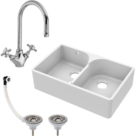 Fireclay Kitchen Sink - 795mm Double Bowl Butler with Stepped Weir, Mixer Tap & Wastes - Traditional Kitchen Design (1/5)