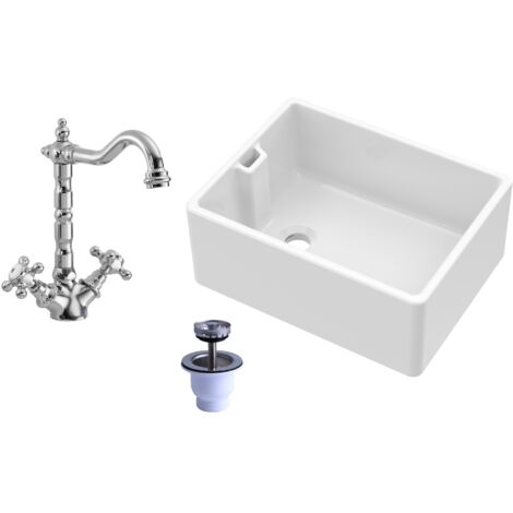 Fireclay 595mm 1 Bowl Belfast Butler Kitchen Sink with French Classic Tap & Waste (1/5)