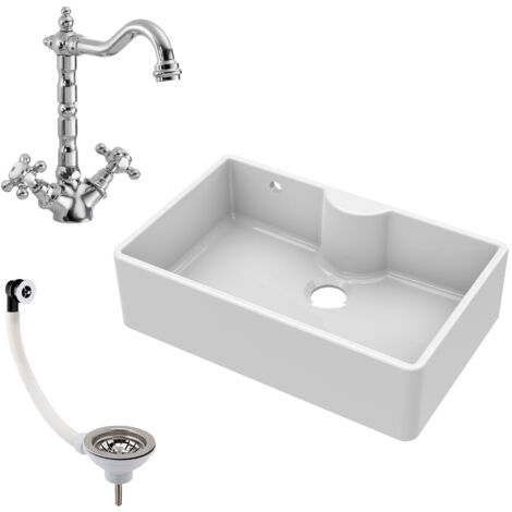 Fireclay 795mm 1 Bowl Butler Kitchen Sink - Ledge with French Classic Tap & Waste - Ceramic Kitchen Sink & Tap (1/4)