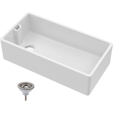 1 Bowl Fireclay Ceramic Belfast Kitchen Sink & Basket Strainer Waste, 895mm (1/5)
