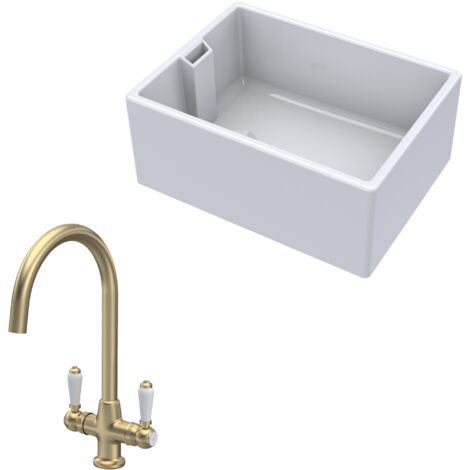 Fireclay Kitchen Bundle - 1 Bowl Belfast Sink & Mono Lever Handle Tap, 615mm - Brushed Brass