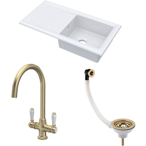 Fireclay Kitchen Bundle - 1 Bowl Sink & Drainer with Waste & Mono Lever Tap, 1010mm - Brushed Brass (1/5)