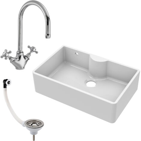 Fireclay 795mm 1 Bowl Butler Kitchen Sink - Tap Ledge with Tap & Waste - Ceramic Kitchen Sink & Tap Package (1/4)