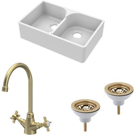 Fireclay Kitchen Bundle -  2 Bowl Stepped Weir Butler Sink, Wastes & Mono Crosshead Tap, 795mm - Brushed Brass