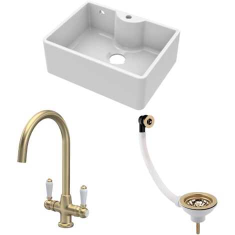 Fireclay Kitchen Bundle - 595mm Single Bowl Butler Sink + Overflow & Tap Hole, Waste & Lever Mixer Tap, Brushed Brass - Balterley