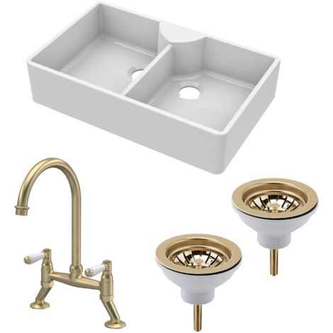 Fireclay Kitchen Bundle -  2 Bowl Butler Sink, 2 x Wastes & Bridge Lever Tap, 895mm - Brushed Brass