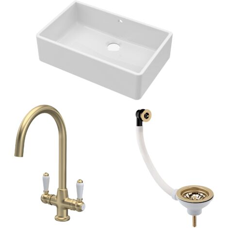 Fireclay Kitchen Bundle - 1 Bowl Butler Sink with Overflow, Waste & Mono Lever Handle Tap, 795mm - Brushed Brass