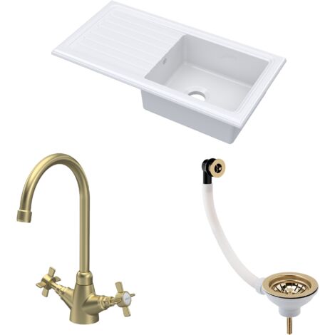 Fireclay Kitchen Bundle - 1 Bowl Sink & Drainer with Waste & Mono Crosshead Tap, 1010mm - Brushed Brass (1/5)