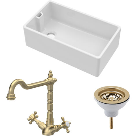 Fireclay Kitchen Bundle - 795mm 1 Bowl Belfast Sink with Strainer Waste & French Classic Tap, Brushed Brass (1/5)