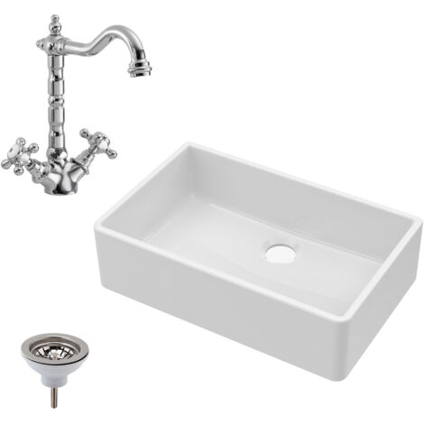 Fireclay 1 Bowl Butler Kitchen Sink with French Classic Tap & Waste 795mm - Ceramic Kitchen Sink & Tap Bundle