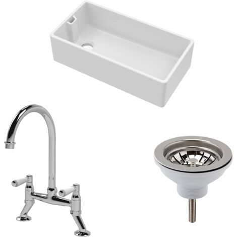 Fireclay Kitchen Bundle 1 Bowl Belfast Sink with Strainer Waste & Bridge Mixer Tap, 895mm Chrome (1/5)