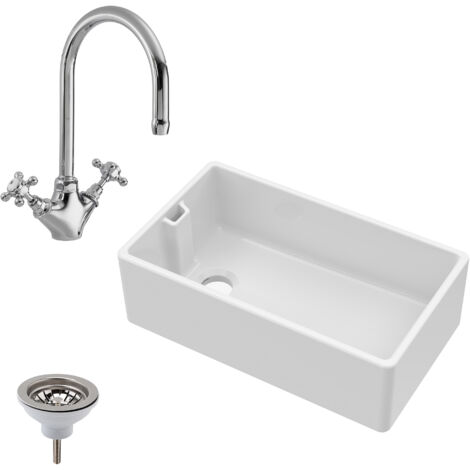 Fireclay Belfast Kitchen Sink with Overflow, Mono Sink Mixer Tap & Waste, 795mm (1/5)