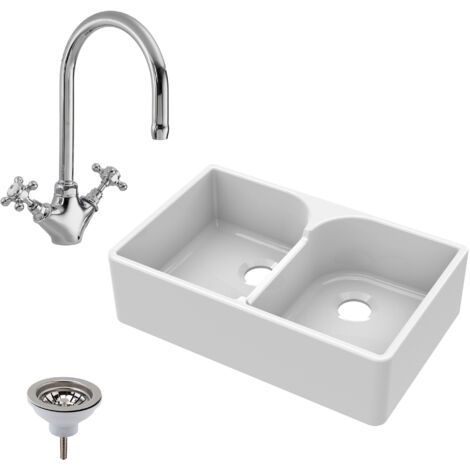 795mm - Fireclay 2 Bowl Stepped Weir Butler Kitchen Sink - Mono Mixer Tap & Waste (1/5)