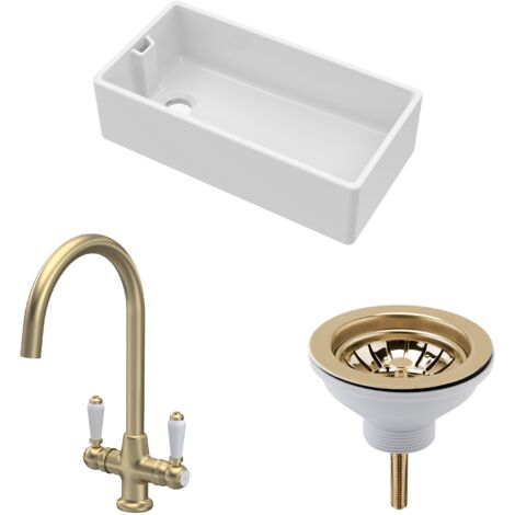 Fireclay Kitchen Bundle 1 Bowl Belfast Sink with Strainer Waste & Mono Lever Handle Tap, 895mm Brushed Brass (1/5)