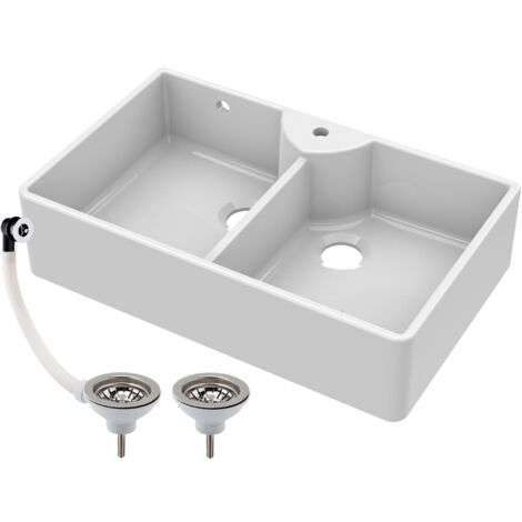 895mm -  2 Bowl Fireclay Butler Kitchen Sink - Stepped Weir, Tap Hole & Waste