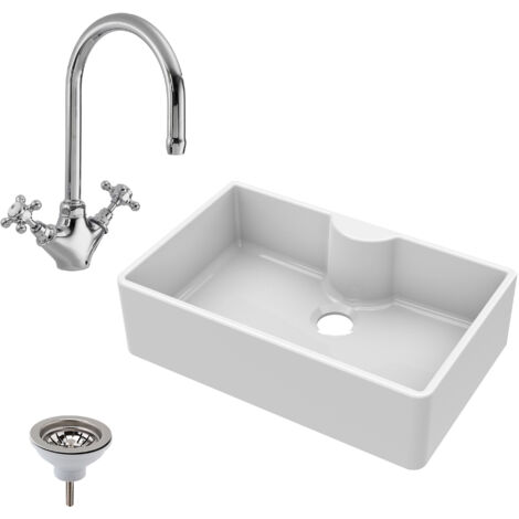 Fireclay 795mm 1 Bowl Butler Kitchen Sink - Tap Ledge with Mono Mixer Tap & Waste - Ceramic Kitchen Sink & Tap (1/5)