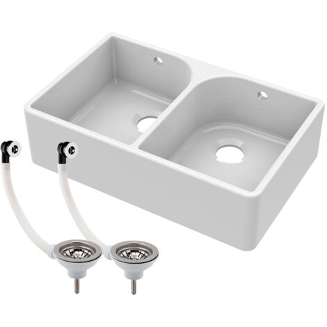 Double Bowl Fireclay Ceramic Butler Kitchen Sink Full Weir, Overflows & Wastes