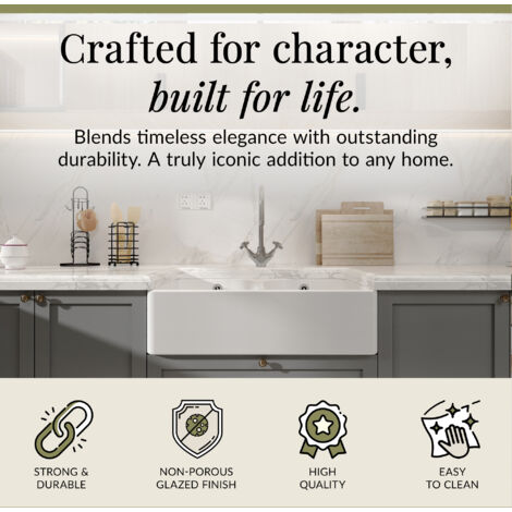 Double Bowl Fireclay Ceramic Butler Kitchen Sink Full Weir, Overflows & Wastes