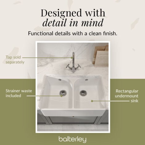 Double Bowl Fireclay Ceramic Butler Kitchen Sink Full Weir, Overflows & Wastes