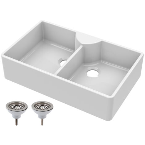 795mm -  2 Bowl Fireclay Butler Kitchen Sink - Stepped Weir, Tap Ledge  & Wastes