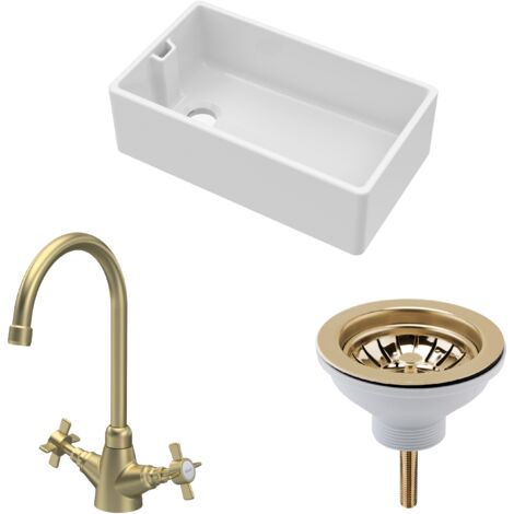 Fireclay Kitchen Bundle - 795mm 1 Bowl Belfast Sink with Strainer Waste & Mono Crosshead Tap, Brushed Brass (1/5)