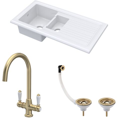Fireclay Kitchen Bundle 1.5 Bowl Sink with Drainer, Waste & Mono Lever Tap, 1010mm - Brushed Brass (1/4)