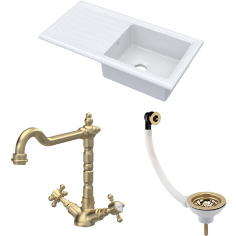 Fireclay Kitchen Bundle - 1 Bowl Sink & Drainer with Waste & French Classic Tap, 1010mm - Brushed Brass (1/5)