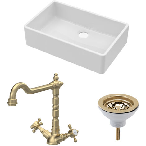 Fireclay Kitchen Bundle - 1 Bowl Butler Sink, Waste & Classic Mono Tap - 795mm - Brushed Brass
