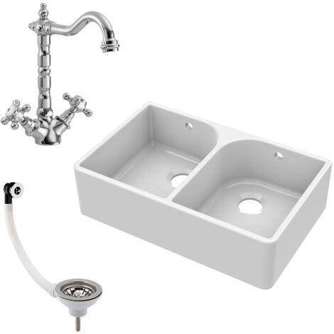 Fireclay 795mm Double Bowl Butler Kitchen Sink - Weir with French Classic Tap & Wastes - Ceramic Kitchen Sink & Tap (1/5)