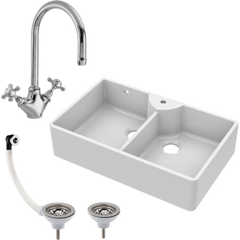 Fireclay 895mm Double Bowl Butler Kitchen Sink - With Overflow, Mixer Tap & Wastes - Traditional Ceramic Belfast