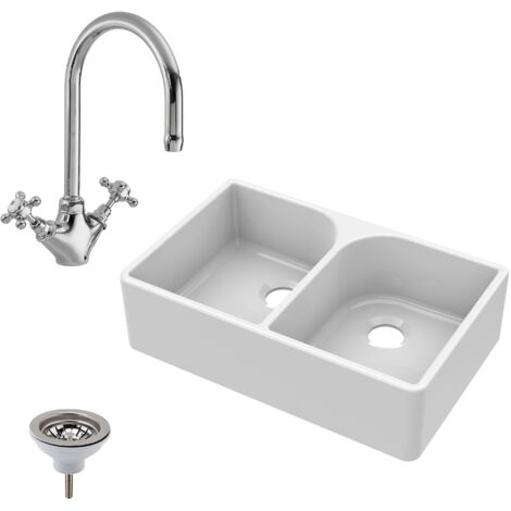 Fireclay 795mm Double Bowl Full Weir Butler Kitchen Sink, Mono Mixer Tap & Waste - Ceramic Kitchen Sink & Tap Set (1/5)