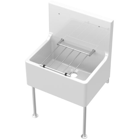 Single Bowl Fireclay Ceramic Cleaner Sink with Grill & Legs, 515mm x 535mm x 393mm - White/Chrome